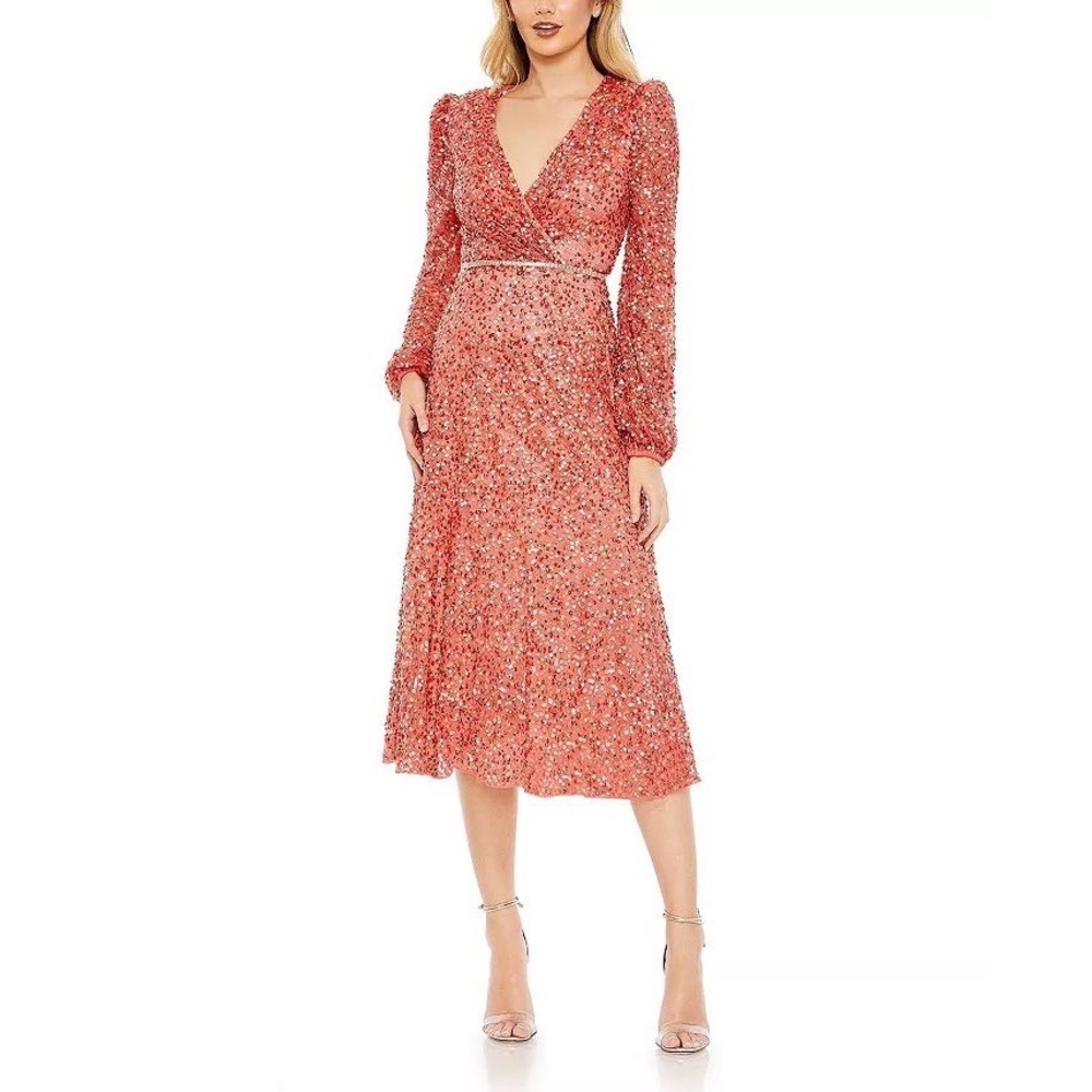 Mac‎ Duggal Sequin Wrap Midi Dress Coral Pink Long Sleeve Rhinestone Waist Sz 10